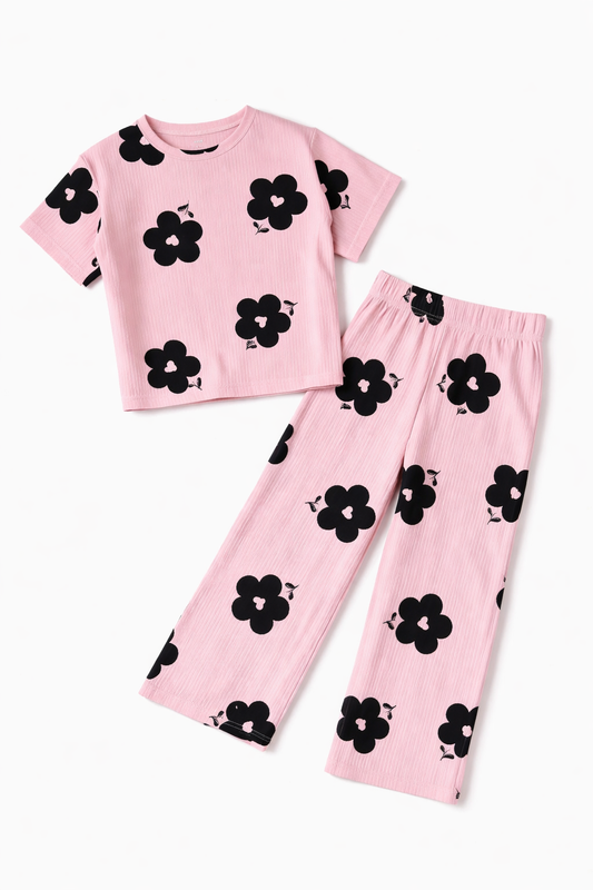 Tinyyears Pink Blossom Kids Co-Ord Set | Soft Cotton T-Shirt & Pajama Set for Girls