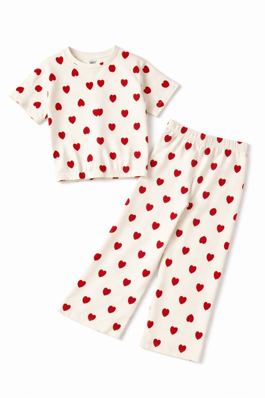 Tinyyears Sweet Hearts Co-Ord Set – Cream & Red (Top & Pajama Set)