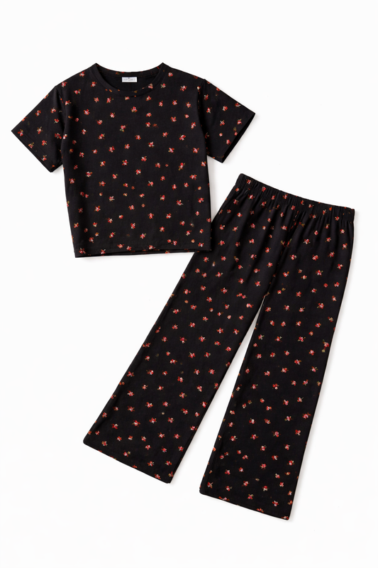 Tinyyears Midnight Bloom Kids Co-Ord Set | Black Floral Cotton Nightwear (2-Piece Set)