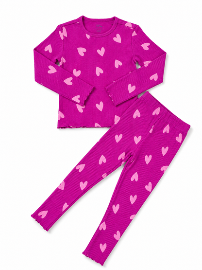 Girls Heart Print Ribbed Co-Ord Set – Fuchsia Pink
