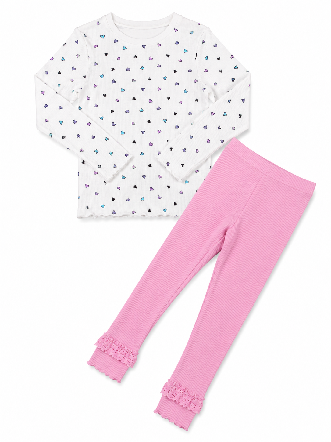 Girls Heart Print Ribbed Top & Pink Leggings Co-Ord Set | Soft Cotton Loungewear