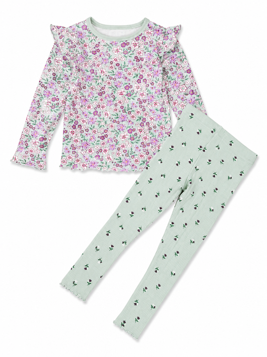 Girls Mint Floral Garden Ribbed Co-Ord Set
