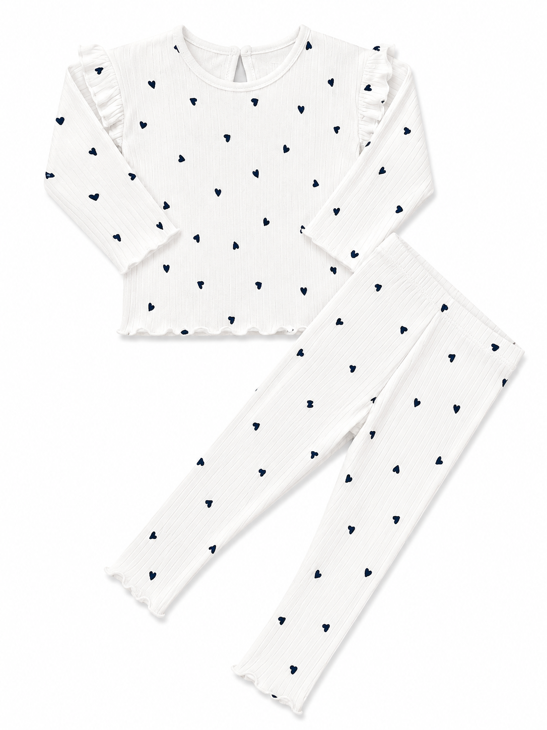 Girls White Heart Print Ribbed Co-Ord Set | Ruffle Shoulder Top & Matching Leggings