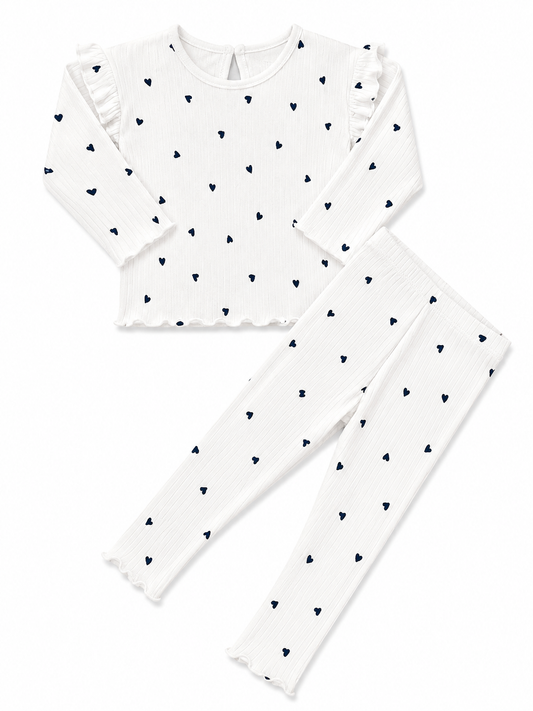 Girls White Heart Print Ribbed Co-Ord Set | Ruffle Shoulder Top & Matching Leggings