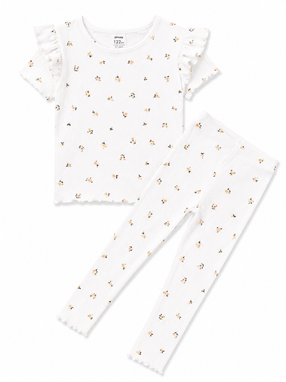 Girls Ditsy Floral Ribbed Co-Ord Set – White Blossom