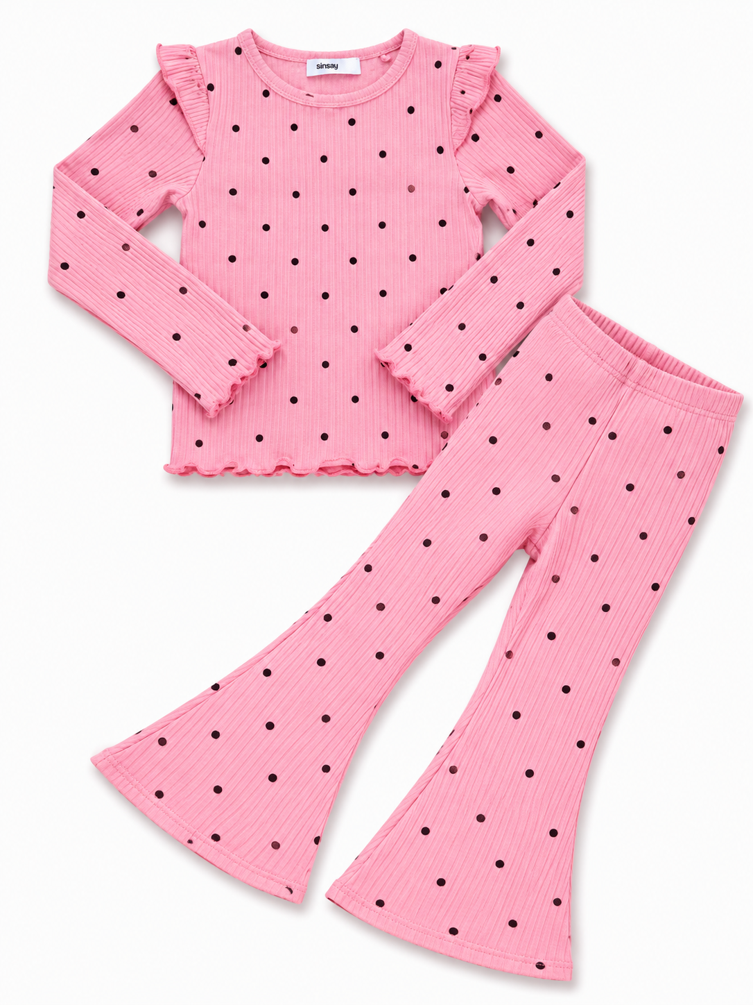 Pink Polka Dot Ribbed Bell-Bottom Co-Ord Set for Girls