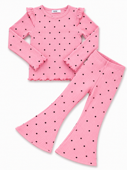 Pink Polka Dot Ribbed Bell-Bottom Co-Ord Set for Girls