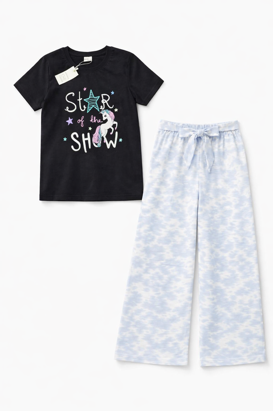Girls “Star of the Show” Unicorn T-Shirt & Cloud Print Lounge Pants Set