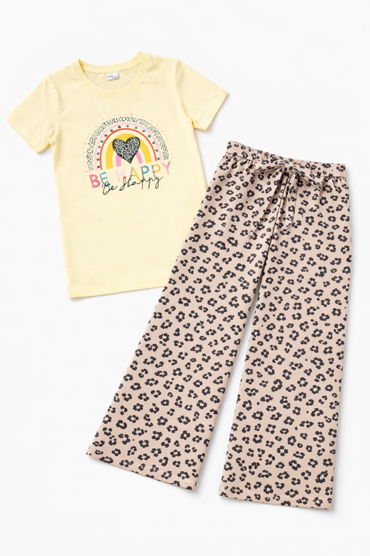 Girls Yellow “Be Happy” Rainbow T-Shirt & Leopard Print Palazzo Set