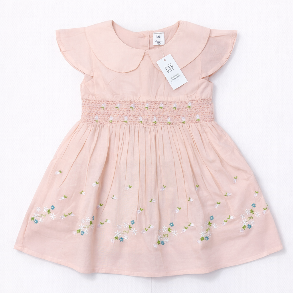 Baby Girls Peach Floral Embroidered Peter Pan Collar Dress