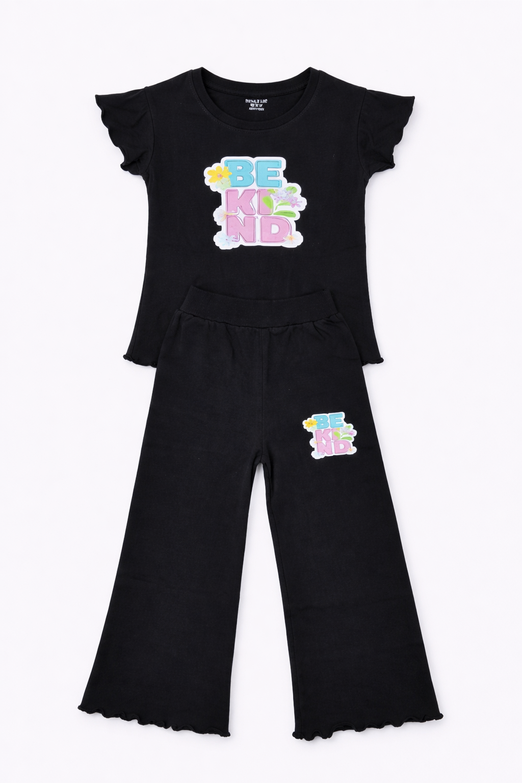 Girls Black “Be Kind” Co-Ord Set – Flutter Sleeve Top & Flared Pants