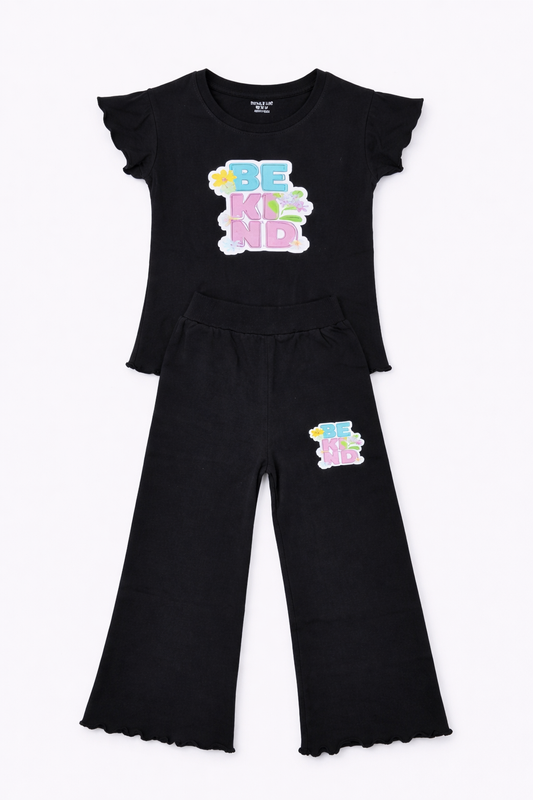 Girls Black “Be Kind” Co-Ord Set – Flutter Sleeve Top & Flared Pants