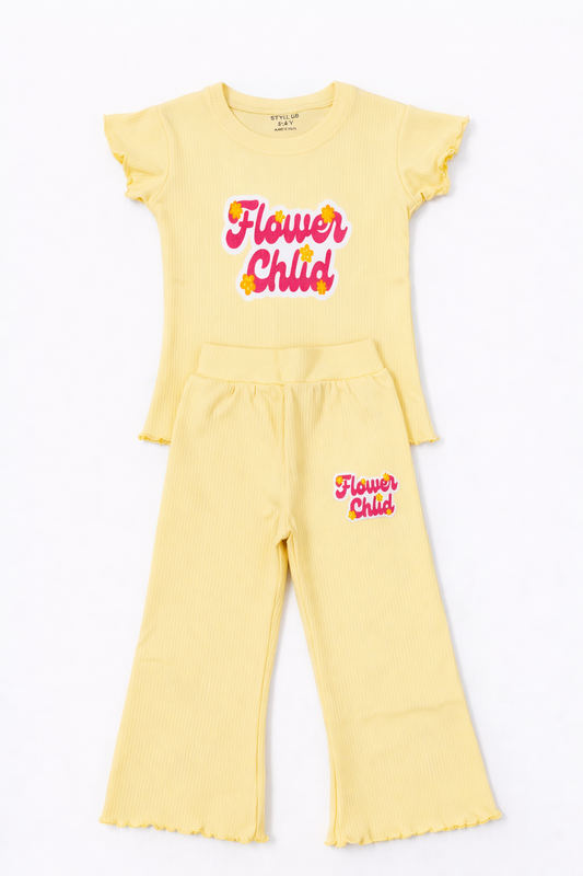 Girls Yellow “Flower Child” Co-Ord Set – Ruffle Sleeve Top & Flared Pants