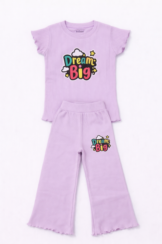 Girls Lavender “Dream Big” Co-Ord Set – Ribbed Top & Flared Pants