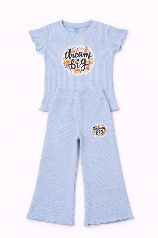 Girls Sky Blue “Dream Big” Co-Ord Set – Ribbed Top & Flared Pants