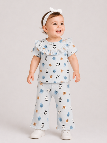 Safari Friends Ribbed Co-ord Set for Baby Girls – Soft Cotton