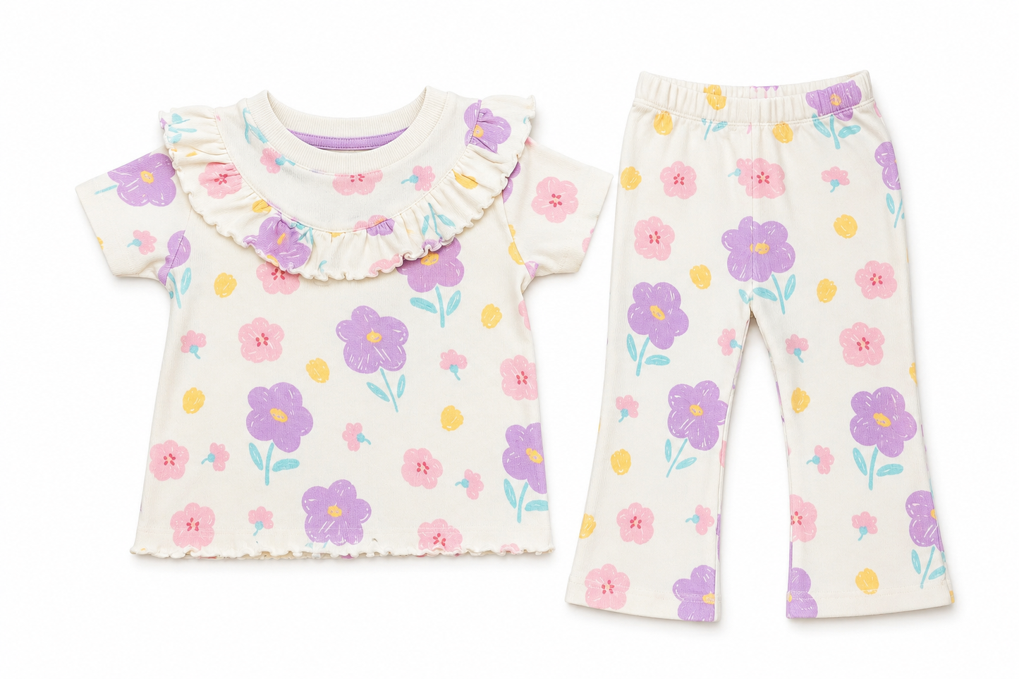 Pastel Floral Ribbed Co-ord Set for Baby Girls – Soft Cotton Lounge Wear
