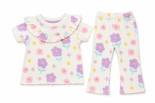 Pastel Floral Ribbed Co-ord Set for Baby Girls – Soft Cotton Lounge Wear