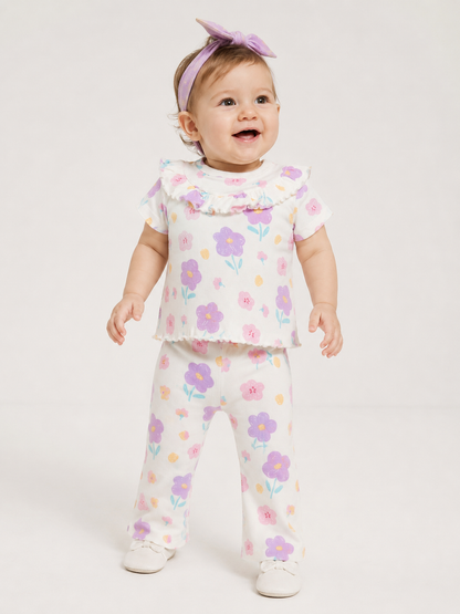 Pastel Floral Ribbed Co-ord Set for Baby Girls – Soft Cotton Lounge Wear