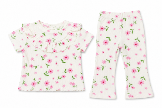 Pink Floral Ribbed Co-ord Set for Baby Girls – Soft Cotton