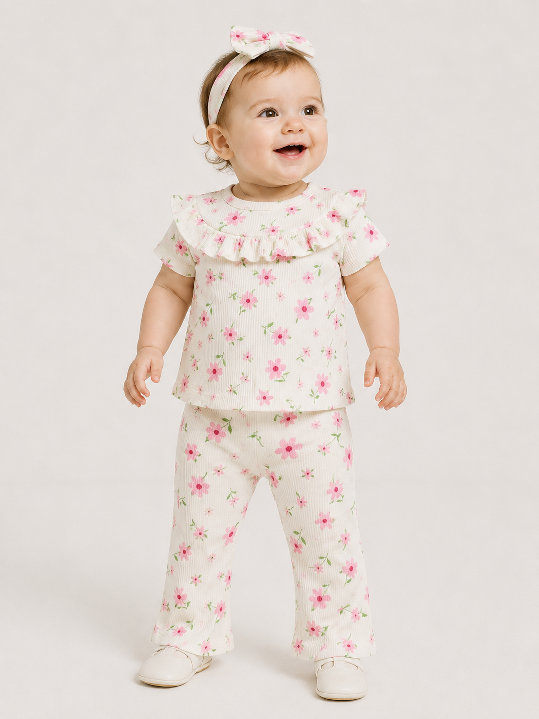 Pink Floral Ribbed Co-ord Set for Baby Girls – Soft Cotton