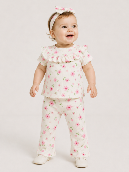 Pink Floral Ribbed Co-ord Set for Baby Girls – Soft Cotton