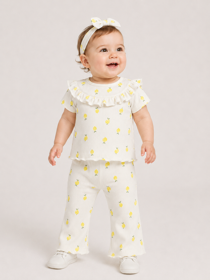 Lemon Print Ribbed Co-ord Set for Baby Girls – Soft Cotton