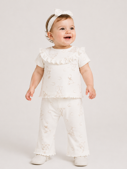 Neutral Bunny Print Ribbed Co-ord Set for Baby Girls – Soft Cotton