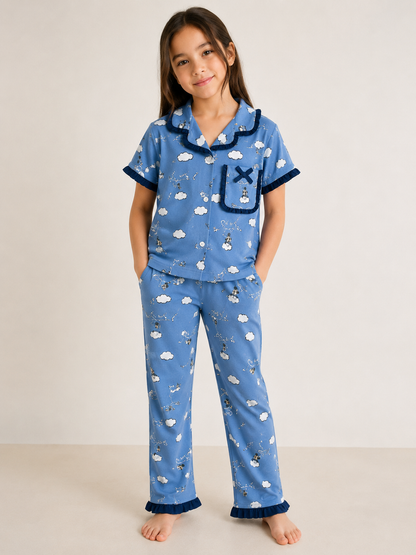 Girls Blue Cloud Print Frill Night Suit Set