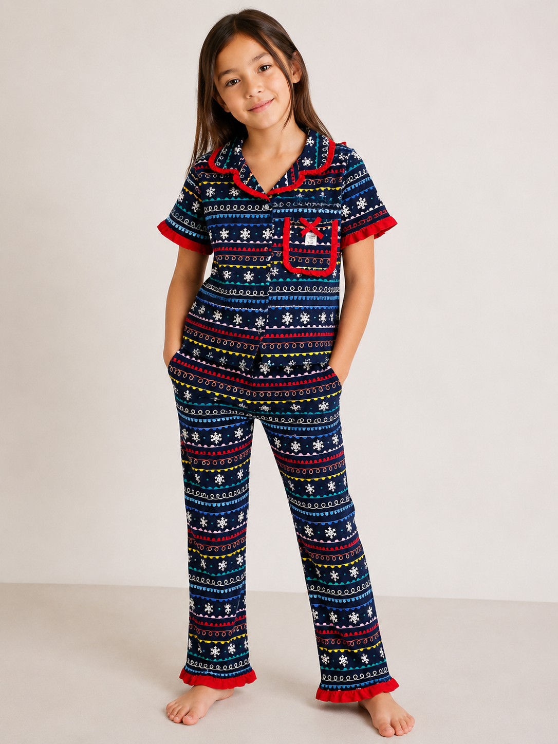 Girls Festive Snowflake Frill Pajama Set – Navy Blue