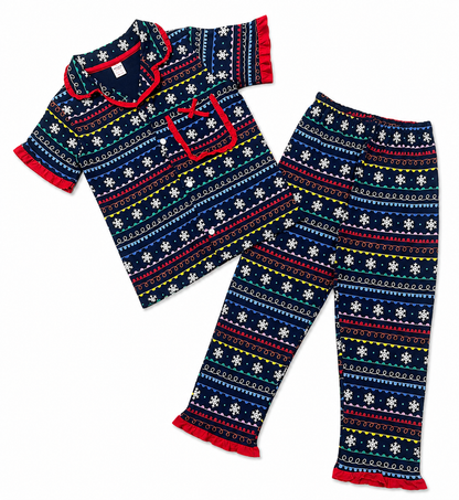 Girls Festive Snowflake Frill Pajama Set – Navy Blue