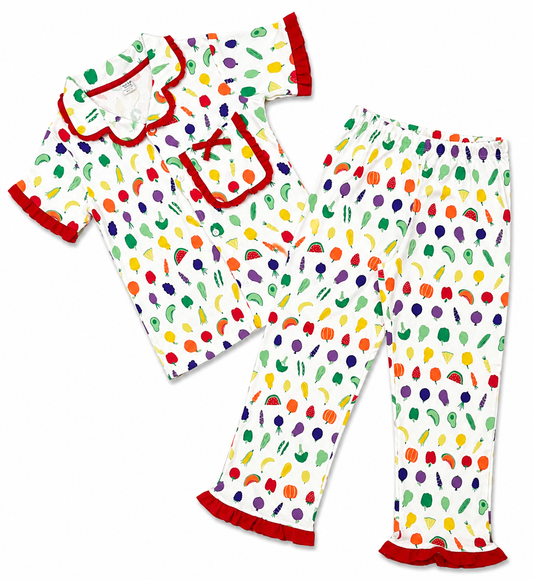 Girls Fruity Garden Frill Pajama Set – White Multi-Color