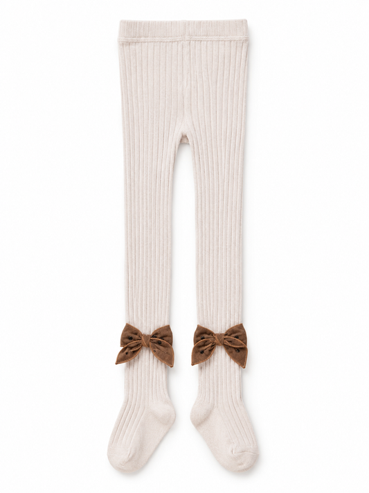Girls Cream Ribbed Bow Tights