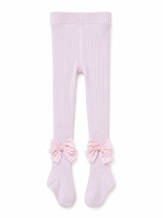 Girls Pink Ribbed Bow Tights