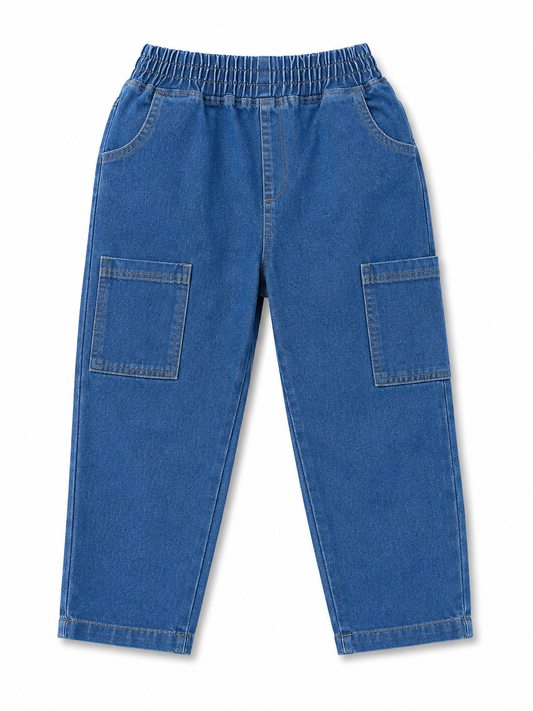 Kids Blue Denim Cargo Pants – Elastic Waist Utility Jeans