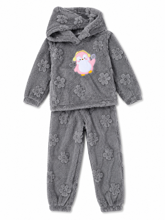 Kids Fleece Hooded Winter Tracksuit Set – Floral Print | 2 Pc Warm & Cozy Set