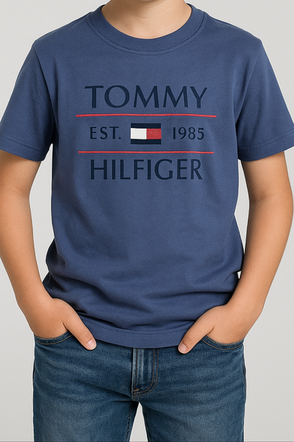 TOMMY KIDS UNISEX ROUND COLLAR BLUE TEE
