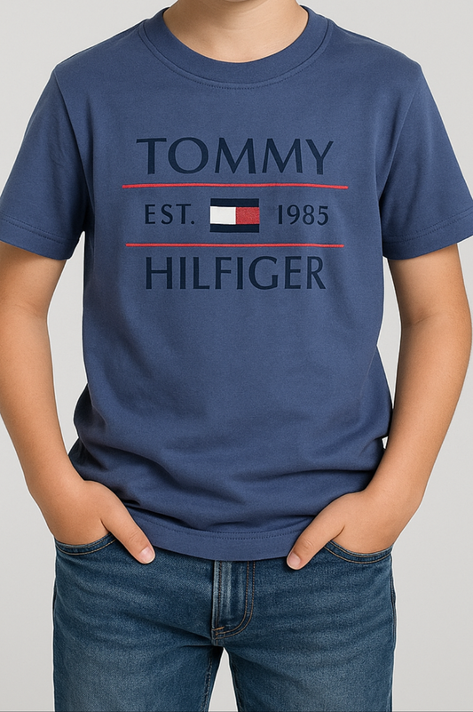 TOMMY KIDS UNISEX ROUND COLLAR BLUE TEE