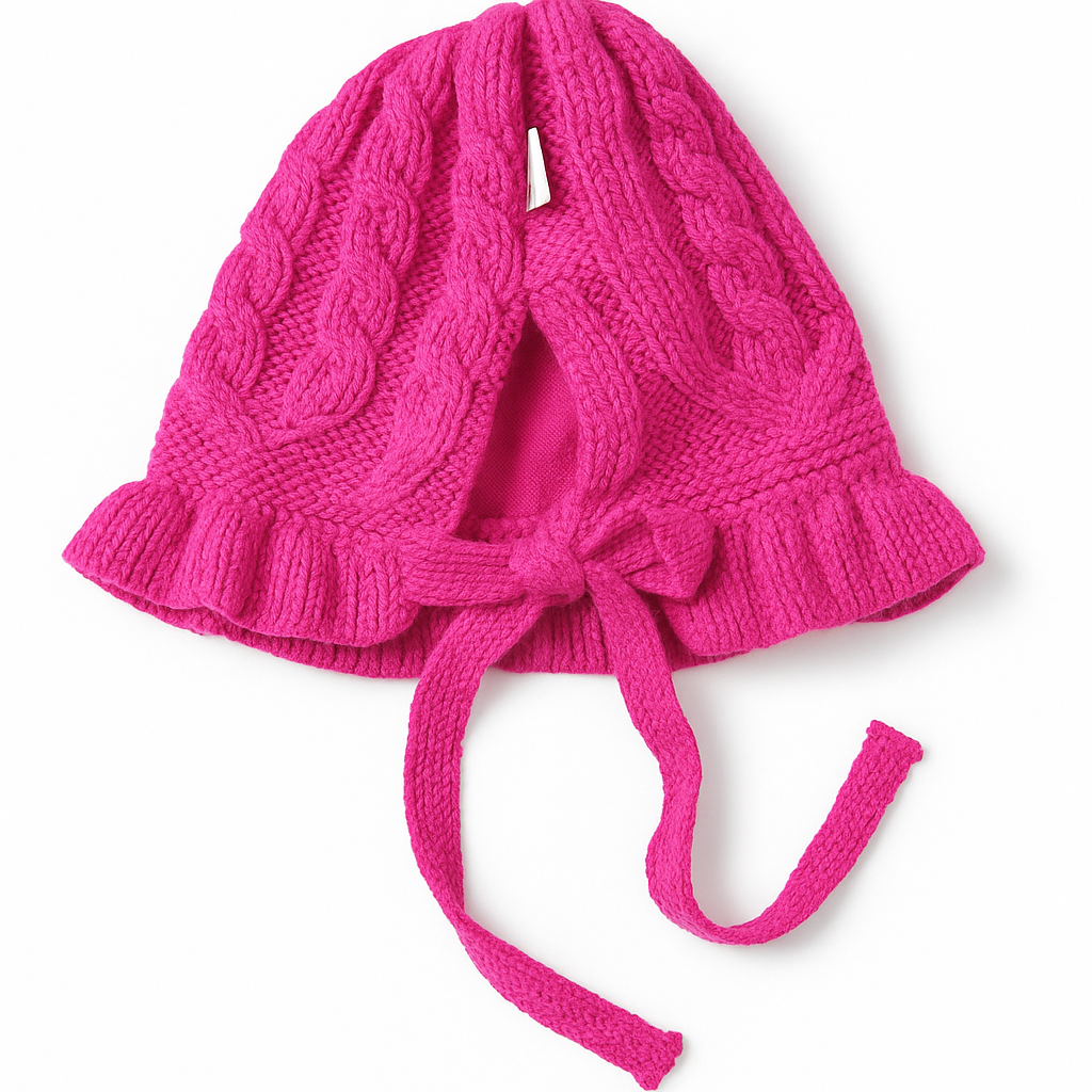 Baby Knitted Winter Beanie with Tie – Dark Pink