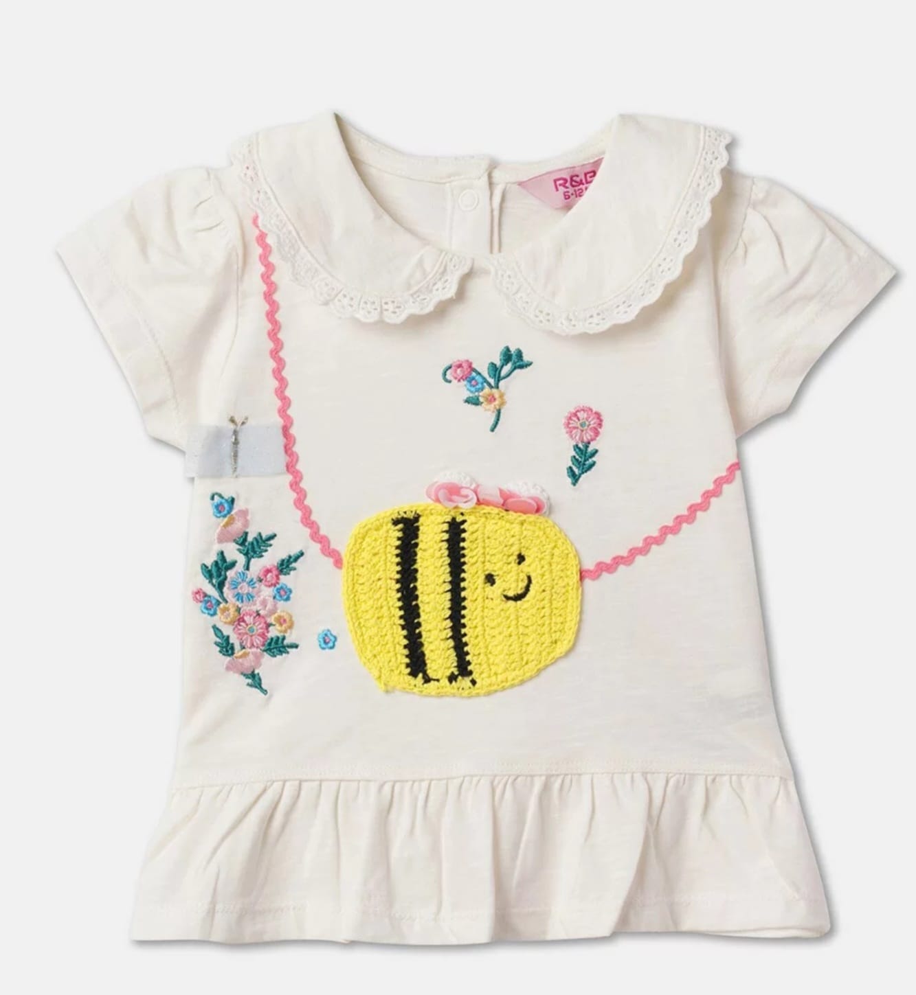 Girls Embroidered Peter Pan Collar Cap Sleeves Cotton Top