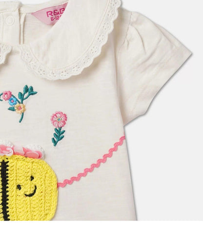Girls Embroidered Peter Pan Collar Cap Sleeves Cotton Top