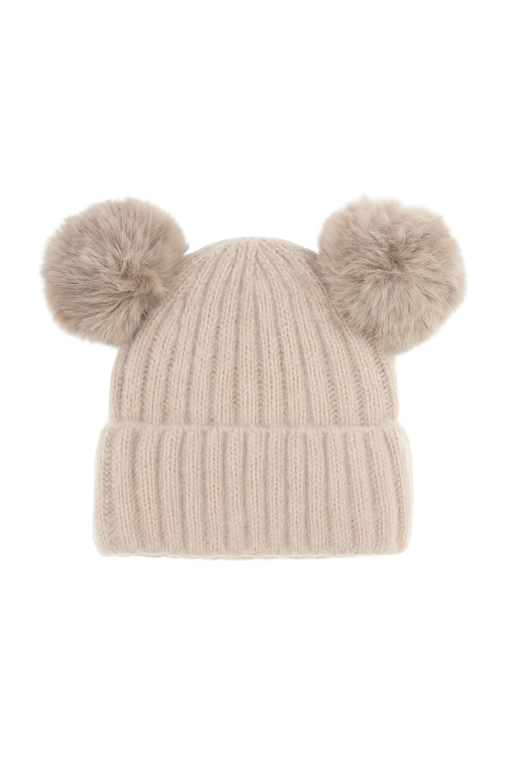 Beige Double Pom Pom Beanie Hat