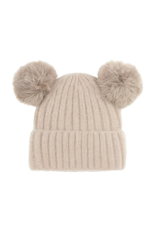 Beige Double Pom Pom Beanie Hat