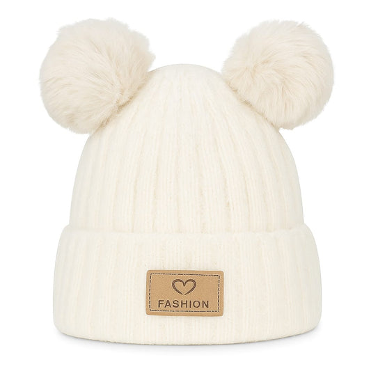 White Double Pom Pom Beanie Hat