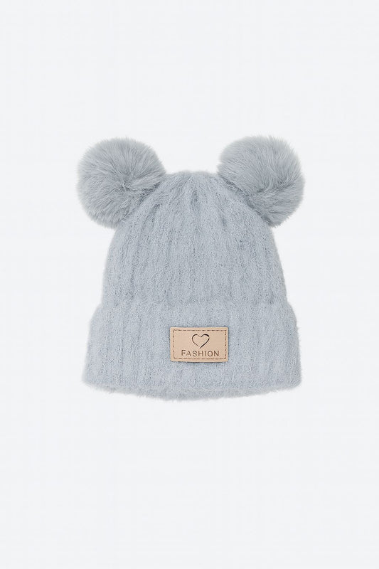 Grey Fluffy Double Pom-Pom Beanie