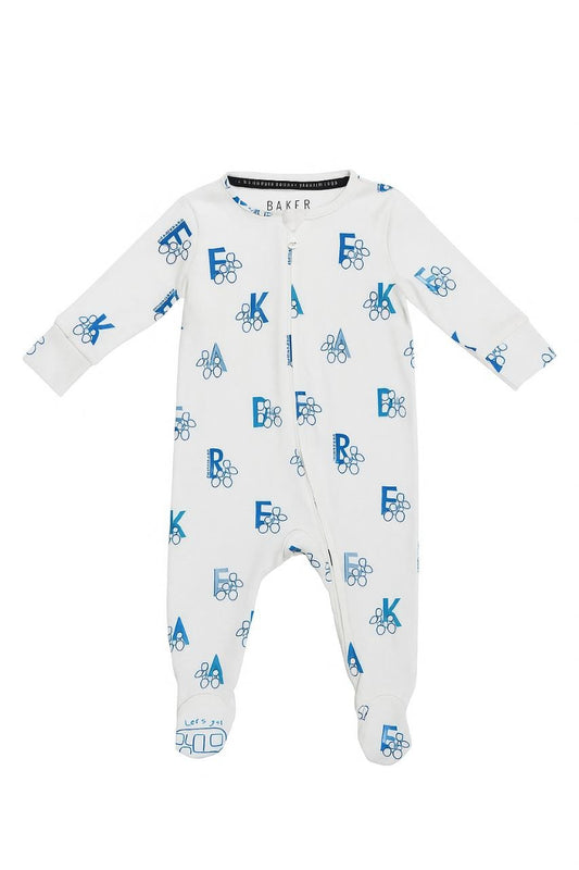 White Baby Sleepsuit with Blue Letter Print