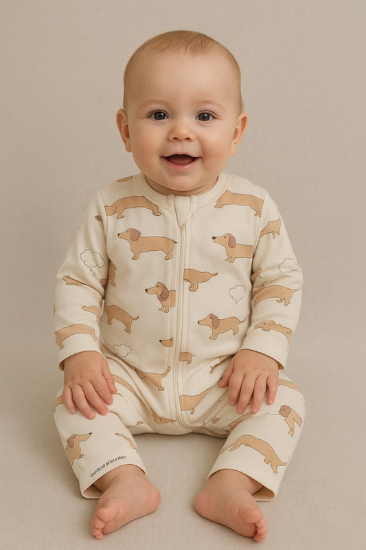 Cream Baby Sleepsuit with Dog Print