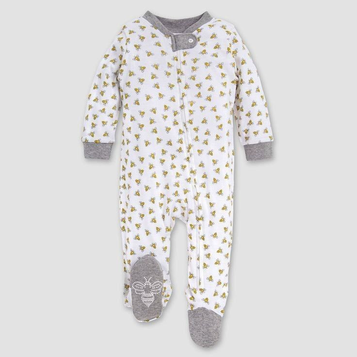 White Baby Sleepsuit with Bee Print & Grey Cuffs