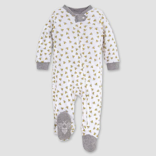 White Baby Sleepsuit with Bee Print & Grey Cuffs