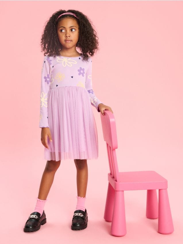 Lilac Floral Print Tulle Dress